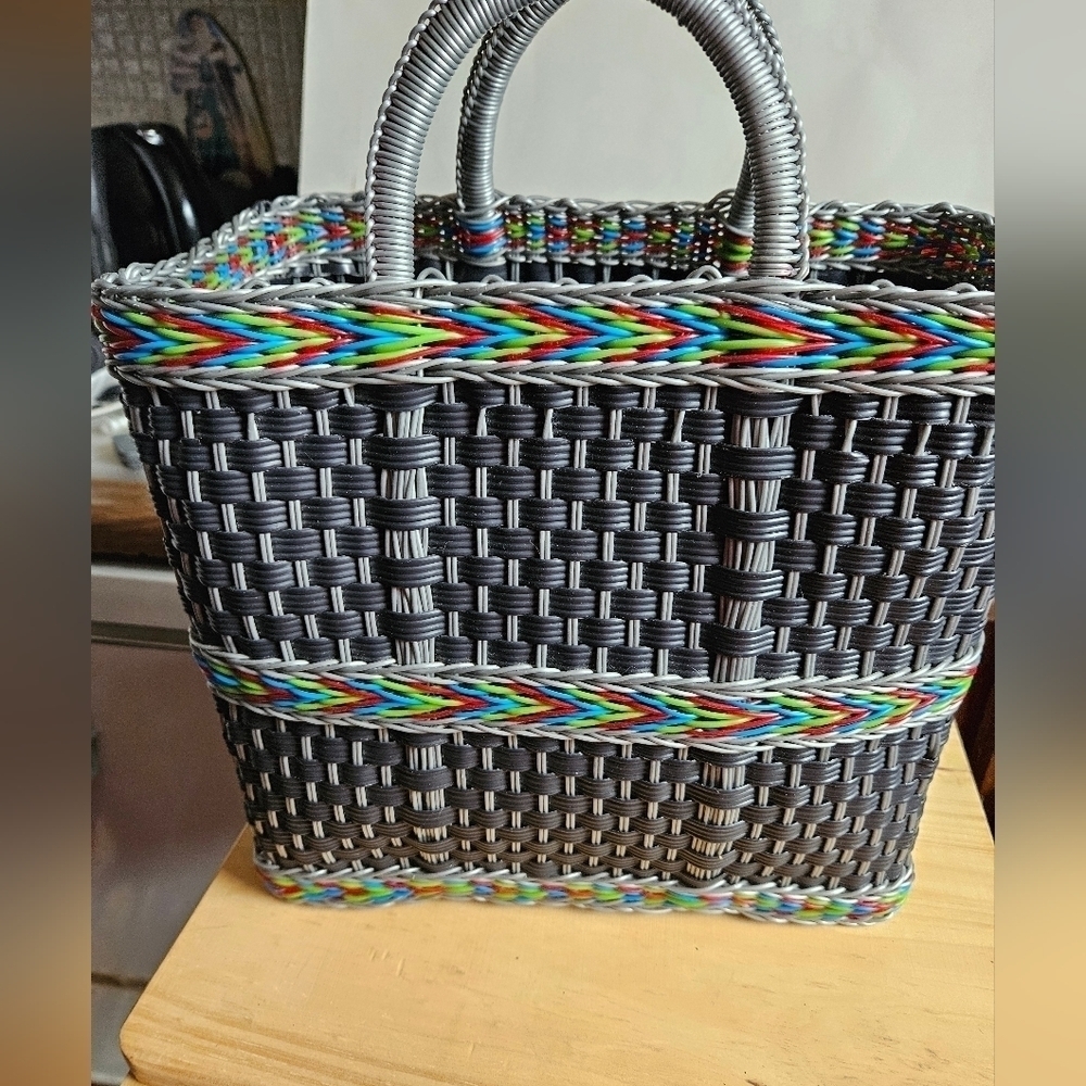 Vintage Fair Trade Black Multi-coloured Weaved Plastic Basket Bag